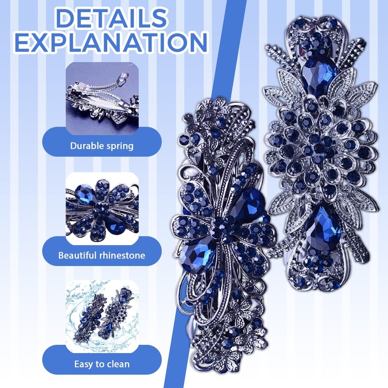 2Pcs Set Elegant Hair Accessories, Crystal Vintage Blue Hair Barrettes