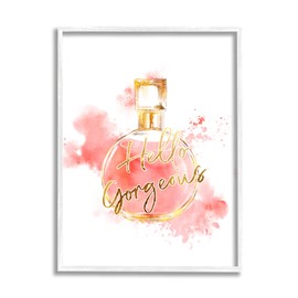 Stupell Industries Hello Gorgeous Fashion Cosmetic Perfume Bottle Pink Watercolor, Designed by Ziwei Li White Framed Wall Art, 11 x 14