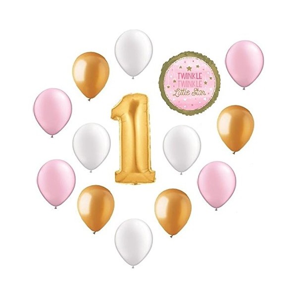 Twinkle Twinkle Little Star Number ONE #1 1st GOLD & PINK Girl Birthday Party 14 Mylar & Latex Balloons Set