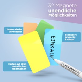 BLAUFUCHS Magnetic Strips Writeable Includes 2 Markers - 32 Pieces (4 Colours) - 80 x 40 mm Magnetic Labels for Writing on Magnetic Labels Writeable Magnets for Writing on Whiteboard and Kanban