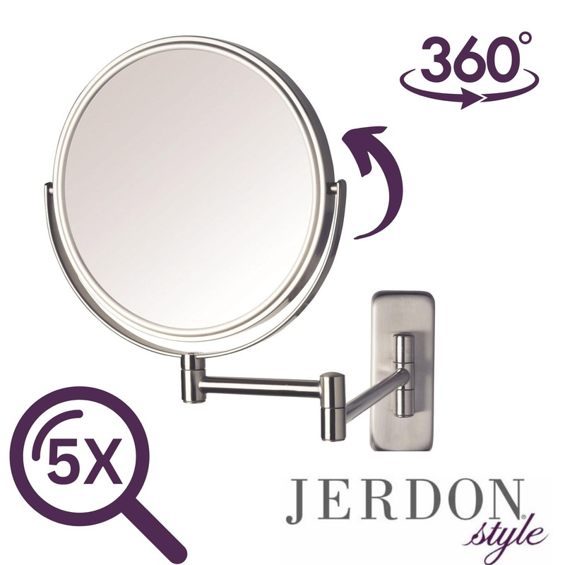 JERDON Two-Sided Wall Mounted Nickel Finish Makeup Mirror - 5X-1X