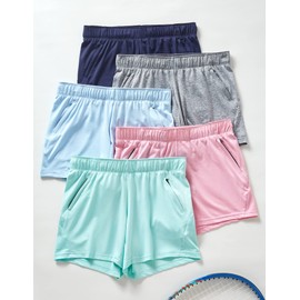 Paquete de 5: pantalones cortos de entrenamiento para mujer, estilo casual, ropa deportiva para mujer, con bolsillos con cierre, Jaspeado/Rosa/Azul/Gris/Azul Marino, Large