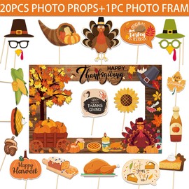 21 Pcs Happy Thanksgiving Photo Booth Props with Selfie Frame, Funny Fall Maple Leaf Pumpkin Turkey Photobooth Props for Photoshoot for Autumn Harvest Theme Party Decorations Supplies