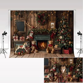 Kate Photography Backdrops 2.2x1.5m/7x5ft Christmas Fireplace Brown Wooden Room Toy Bear Christmas Tree Kids Family Portrait Decoration Background Photo Studio