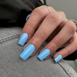 SXVME Baby Blue False Nails Long Square, Acrylic Press on Nails Long Medium Coffin, Glossy Gel Fake Nails Press on, Solid Color Square Tip Nails Stick on Nails For Women Daily Wear, 24 Pcs