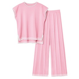 Ekouaer Womens Matching Sets Knit Sweater Sets 2 Pieces Outfits Pullover Tops Wide Legs Pants Lounge Set Pink