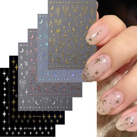 6 Sheets Gold Stars Nails Stickers Silver 3D Self-Adhesive Nail Decals Gradient Heart Moon Nails Art Stickers for DIY Acrylic Nails for Women and Girl Nail Decorations Nail Art Supplies