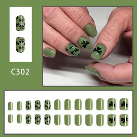 KRTBKR 24Pcs Green Shamrock Full Cover Short Square False Nails - St. Patrick's Day Artificial Acrylic Nails for Women Girls DIY