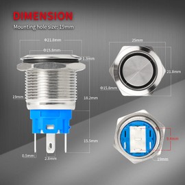 DaierTek 12V Latching Push Button Switch Marine Waterproof Round Blue LED Pushbutton Switch 19mm 12 Volt DC Ring Illuminated Metal ON Off with Label Sticker for Boat Car -6pcs