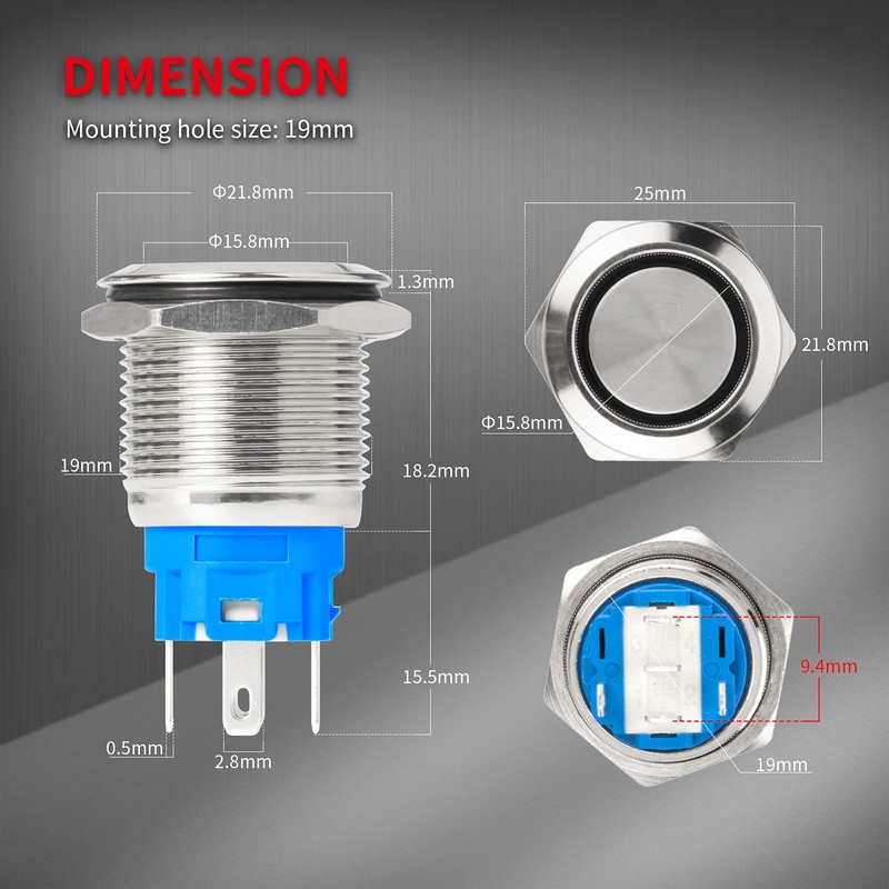 DaierTek 12V Latching Push Button Switch Marine Waterproof Round Blue