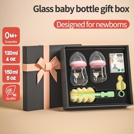 FarBrand Newborn Baby Bottle Starter Kit – Glass Baby Bottles 0-12 Months with Breast-Like Nipples, Anti-Colic, BPA-Free, 4oz & 5oz Breastmilk Bottles, Infant Gift Set, Leakproof Baby Bottle Kit