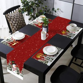 TQFZP Winter Christmas Table Runner and Place Mats Set of 7 Snowman Pine for Holiday Linen Dining Mat Sets Washable Red Home Decor 70 Inches Long