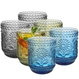 Topsky Vintage Colored Glassware Set of 6,12 oz Green Sunflower Drinking Glasses Set,Blue Drinkware Glasses for Wine,Cocktail,juice,Heavy Duty Glass Cups