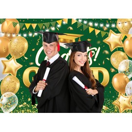 LYWYGG 10x8ft Congrats Grad Bckdrop Congratulations Backdrops Green and Gold Graduation Photography Background Graduation Party Decorations cp-651