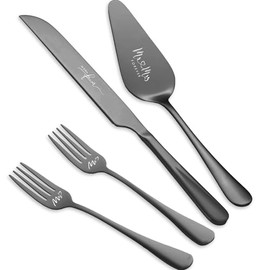 Juego de cuchillos y servidores para tartas de boda, juego de corte de pasteles para bodas, 4 piezas para tartas y tenedores, regalos de boda, regalos de despedida de soltera para parejas (negro)