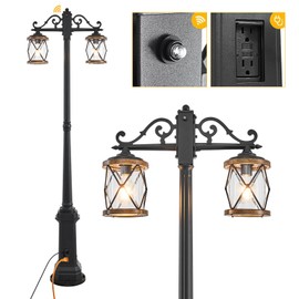 Dusk to Dawn Outdoor Lamp Post Lights with GFCI Outlet,Double-Head Farmhouse Street Light Fixture,Aluminum Black Pole Exterior Lights, Waterproof Lantern Outdoor Lighting for Garden,Backyard,Driveway