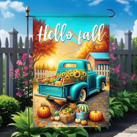 ​BlissYard Hello Fall Garden Flag 12x18 Double Sided Pumpkin Truck Garden Flag Autumn Sunflower Maple Leaves Harvest Thanksgiving Flag Decorative Yard Outside Farmhouse Home Decor Outdoor Banner