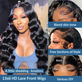32inch 13x6 Lace Front Wigs Human Hair 220 Density Body Wave HD Lace Front Wigs Human Hair Pre Plucked Body Wave Lace Front Glueless Wigs for Women Natural Black