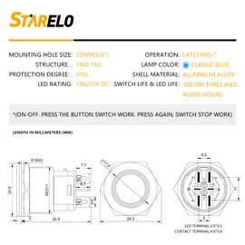 STARELO 10Amp 22MM 7/8'' Latching Push Button Switch 12V 1NO 1NC SPDT ON/Off Waterproof Aluminum Alloy with LED Ring with Wire Socket Plug (Blue).
