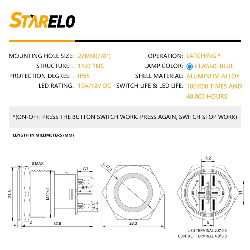 STARELO 10Amp 22MM 7/8'' Latching Push Button Switch 12V 1NO
