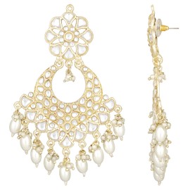 Aheli Traditional White Kundan & Pearl Studded Dangle Chandbali Earrings Ethnic Fashion Jewelry Gift for Women