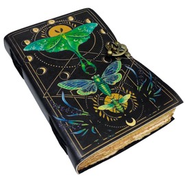 Blank Spell Book Of Shadows Vintage Handmade Leather Journal With Lock Witchcraft Supplies Luna Moth and Morpho Butterfly Print Diary Prayer Pagan Wiccan Decor notebook Luna-2 (10 X 7)