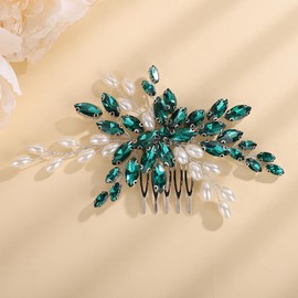 Teyglen Bride Crystal Wedding Hair Comb Pearl Bridal Headpiece Sparkly Green Rhinestone Pearl Hair Side Comb Handmade Crystal Hair Piece Hair Accessories for Women (Peacock green)