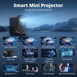 Mini Projector with WiFi6 5G and Bluetooth, Native 1080P Supports 4K Movie Video, 350ANSI, Auto Keystone Correction, Electric Focus & Zoom, Portable Projector for Phone/Laptop/TV Stick/HDMI