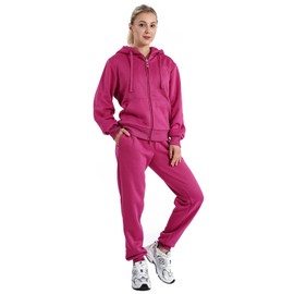 LeeHanTon Women's 2 Piece Jogger Set Warm Up Outfit Sherpa Lining Sports Zipper Hoodie and Pants Track Suit Fuchsia L