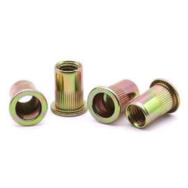 EASTLO 1/4-20 UNC Rivet Nuts 50 Pcs, Carbon Steel Flat Head Threaded Rivets Nuts Inserts for Metal, Knurled Body Rivnuts, Yellow Zinc Plated