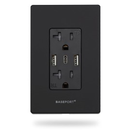 BASEPORT Premium Wall Outlet with USB Ports - Duplex 125V 20 Amp Outlet, 5V/6A USB Outlets Receptacles, 2 USB-A, 1 USB-C, Single Gang Black Faceplate, 1 Pack