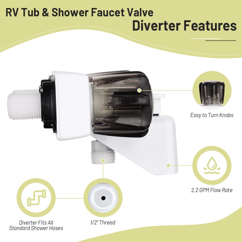 Square-White Dual-Handle RV Shower Faucet with Shower Diverter for Camper
