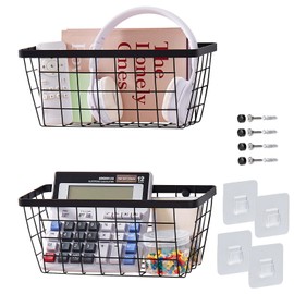 LIGHT DUST Wall Hanging Baskets - 2 Black Baskets Set Wire Basket Metal Wall Organizer Bins for Kitchen Pantry Cabinet Bathroom Shower Door RV [Included Adhesive Hooks & Wall Mounted Screws]