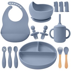 LITTLE RAWR Silicone Baby Feeding Set 14 Pcs,Baby Led Weaning Supplies, Baby Spoons Suction Bowl Divided Plate Bib Cup Finger Brush,First Stage Solid Food Eating Utensils - 6+ Months(Blue Gray)