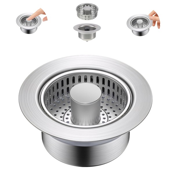 WUISOLQP Sink Strainer, Kitchen Sink, 3-in-1 Pop-Up Stainless Steel Drain