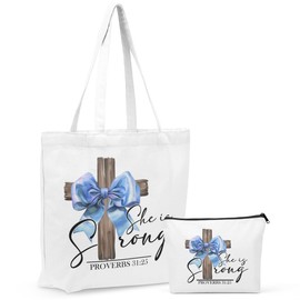 Christian Gifts for Women, Girls Preppy Bow Canvas Tote Bag Makeup Bag Set, Inspirational Bible Verse Religious Gifts Birthday Retirement Anniversary Reusable Grocery Bags Travel Cosmetic Bags