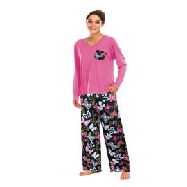 Famulily Womens Comfy Lounge Wear loral Print Nightwear Soft Pjs Lounge Sets with Pockets Hot Pink M