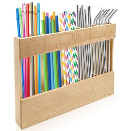 Wooden Straw Holder Wooden Straw Organizer Straw Storage Container with 4 Pcs Double Sided Adhesive Tape for Kitchen Counter