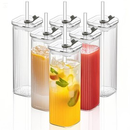 KEMORELA 6 Sets Glass Cups with Lids & Straws, Square Ribbed Drinking Glasses with Lids, Clear Highball Tumblers for Cocktail, Coffee, Juice, Beer, Modern Mixed Drinkware Jars