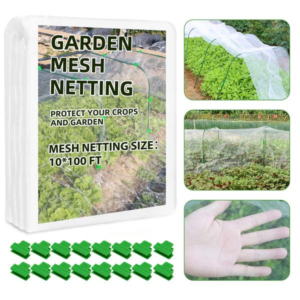 Garden Netting Mesh, 10X100 FT Garden Netting with 16 Cilps