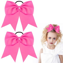 KICOSY 2 Pack Hot Pink Jumbo Bow Hair Ties - Big Cheer Bows for Ponytails, Pigtails & Cute Hairstyles, Elastic Hair Bands for Girls