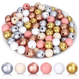 Whaline 240Pcs Pink Gold Colorful Wooden Beads Rustic Farmhouse Natural Craft Beads Pink Gold Silver Round Spacer Beads for Wedding Party Holiday Valentine's Day Bracelets Necklaces DIY Craft