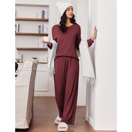 Ekouaer Pyjamas for Women Ribbed Pjs Cotton Long Sleeve Nightwear Casual Pants Ladies Lounge Wear Sets Pjs for Women Sets Red XXL
