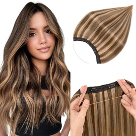 Elailite Invisible Wire Hair Extensions Real Human Hair Highlighted Clip In One Piece Secret Wire Extension Band Straight Thick Short - #4/27 Medium Brown Mix Dark Blonde - 12 Inch (65 g)