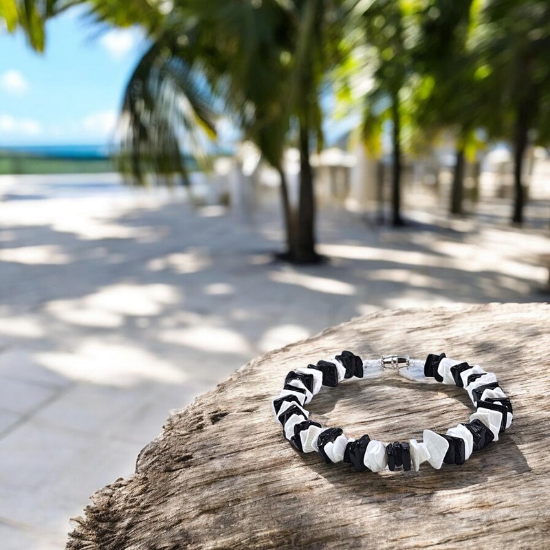 BlueRica Black & White Puka Shell Chips Necklace & Anklet