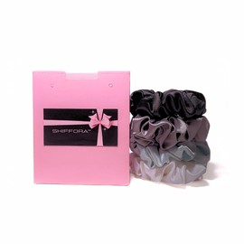 SHIFFORA Satin Silk Scrunchies For Women & Teens, Ponytail Holders, Elastic Bands, Hair Ties (Black, Light Grey, Dark Grey, White) [Pack of 4], With A Surprise Gift