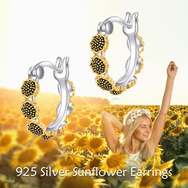 POPLYKE Sunflower Earrings for Women 925 Sterling Silver Floral Flower Hoop Earrings Girls Huggie Hoop Earrings Sunflower Jewelry Mothers Day