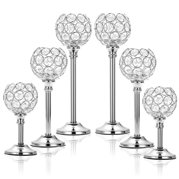 OwnMy Set of 6 Silver Crystal Bowl Candlestick Holders Metal Crystal Tealight Candelabras, Tall Crystal Votive Candlesticks Elegant Crystal Candle Stands for Dining Table Centerpiece Wedding Decor