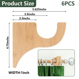 6 Pack Curtain Hooks for Wall, Wooden Shower Rod Holder with Mounting Hardware, Shower Curtain Rod Holder for Bathroom, Bedroom, Livingroom, Kitchen, Farmhouse