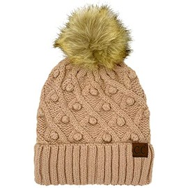 C.C Winter Sherpa Fleeced Lined Chunky Knit Stretch Pom Pom Beanie Hat Cap (Handmade Bobble Rose)